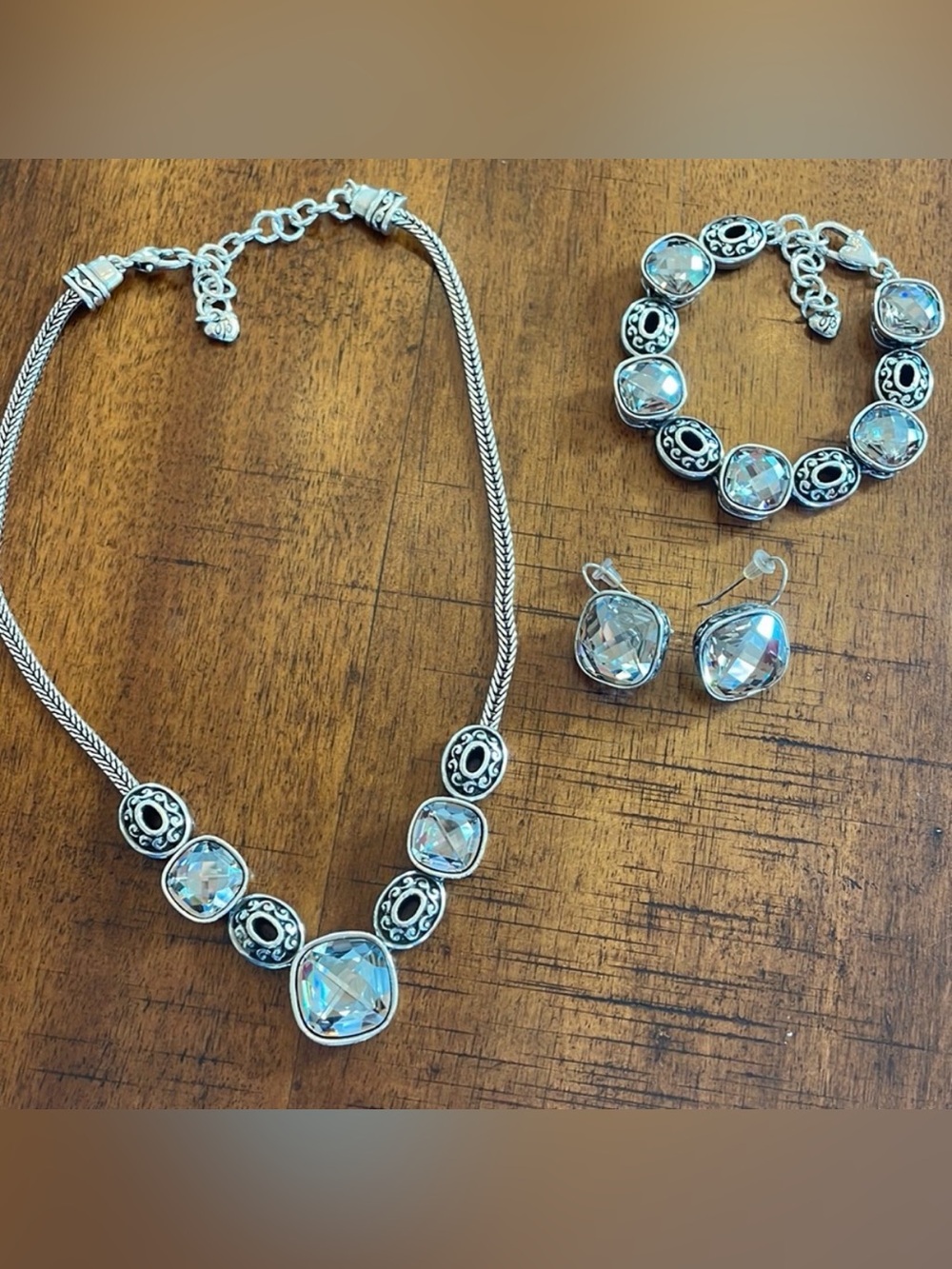 💎 Full Set BRIGHTON VINTAGE SLVR SWAROVSKI CRYSTAL Necklace, Bracelet, Earrings💎